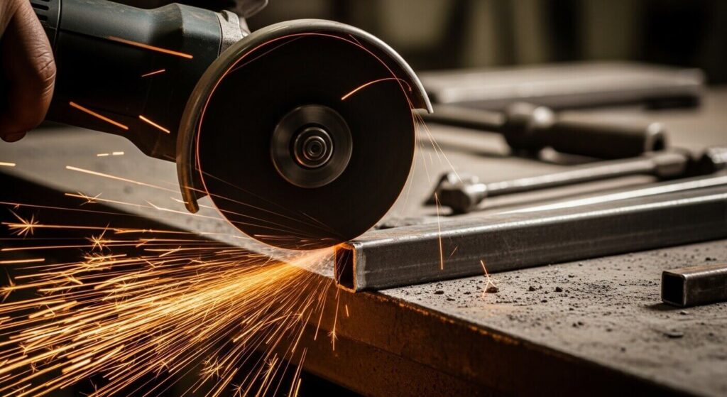 best angle grinder 4.5 inch cutting metal with sparks in workshop