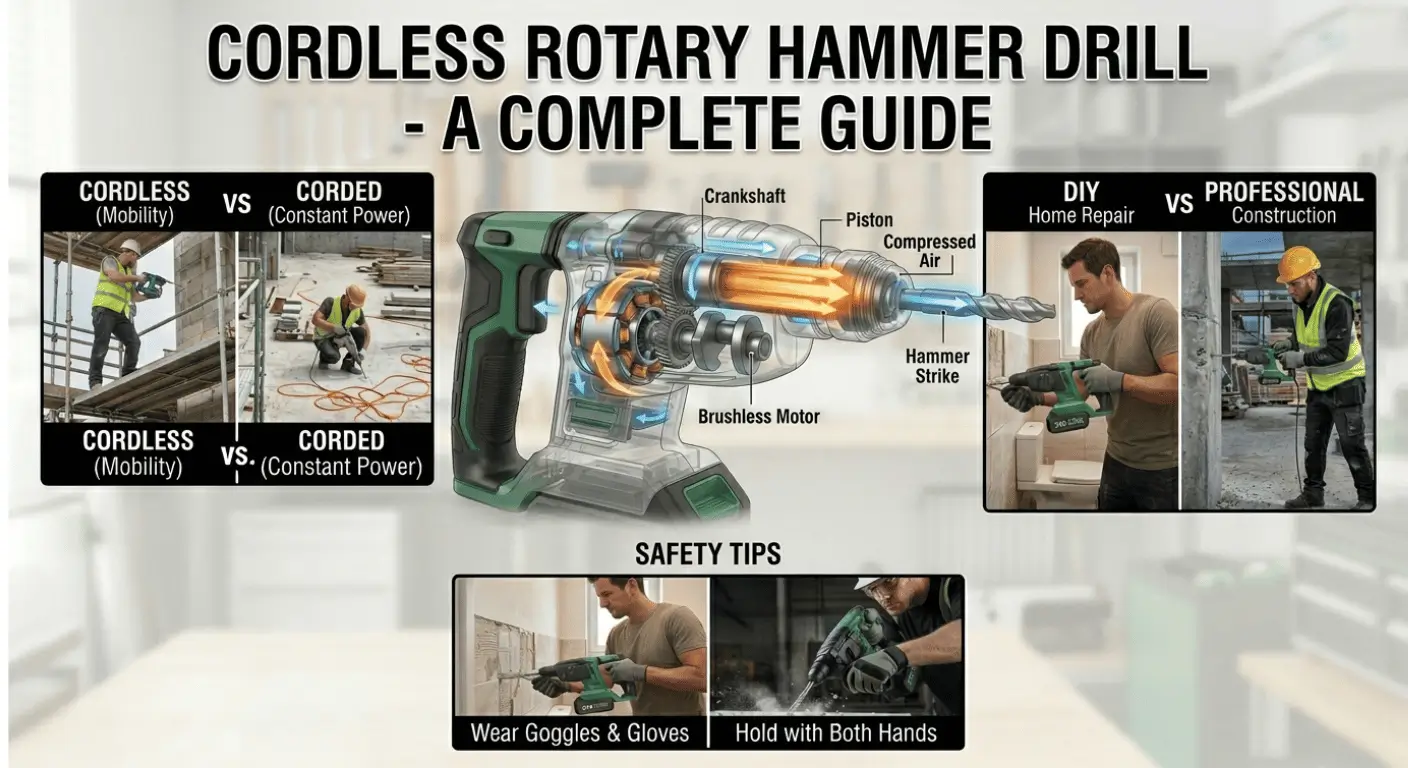 Detailed guide on cordless rotary hammer drills with brushless motor diagram, cordless vs corded power tool comparison, and construction safety tips for DIY and professional users.
