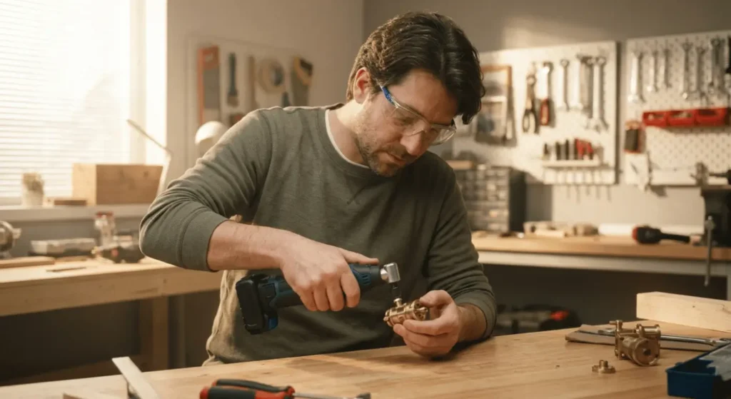 cordless die grinder​ Professional craftsman using a cordless power tool for precise DIY metalwork in a home workshop setting with tools in the background.

