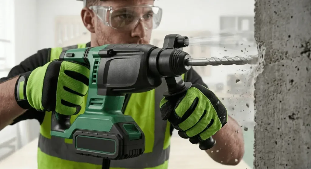 Professional construction worker using a powerful cordless rotary hammer drill to penetrate a concrete wall on a job site.

