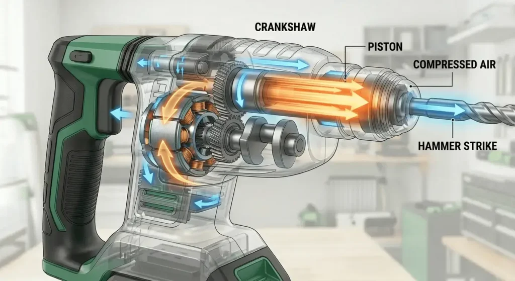 Anatomy of a rotary hammer drill showing the crankshaft, piston, and hammer strike mechanism in a transparent technical diagram.

