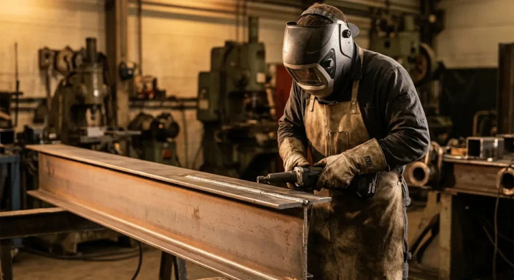 rofessional metal fabricator using a grinder on a steel I-beam in an industrial workshop setting.

