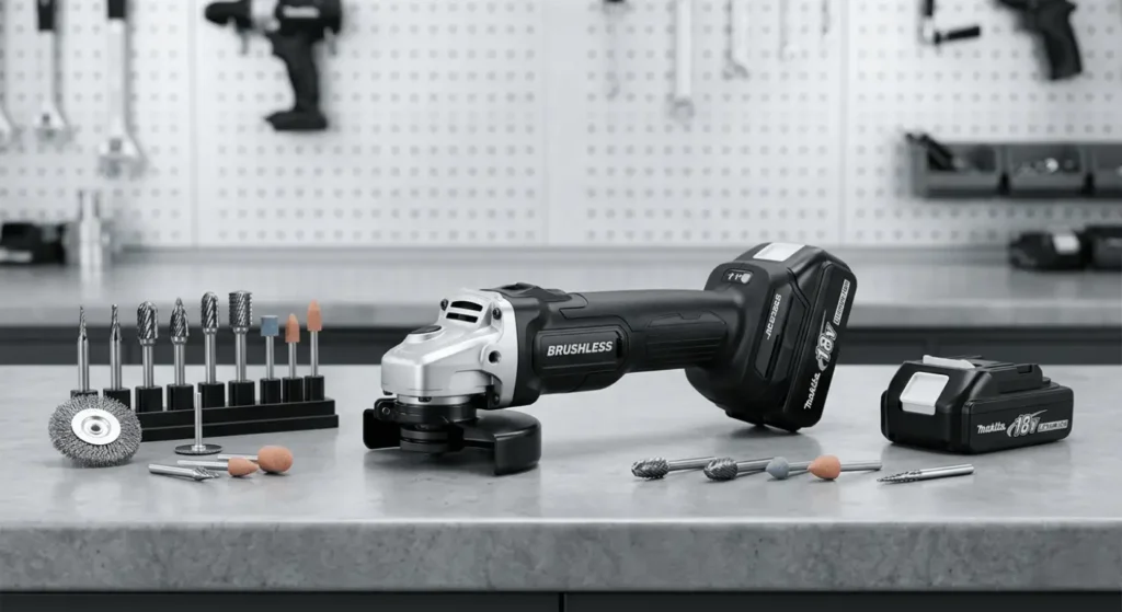 18V brushless cordless dia grinder with rotary grinding accessories and spare battery for metal fabrication projects.
