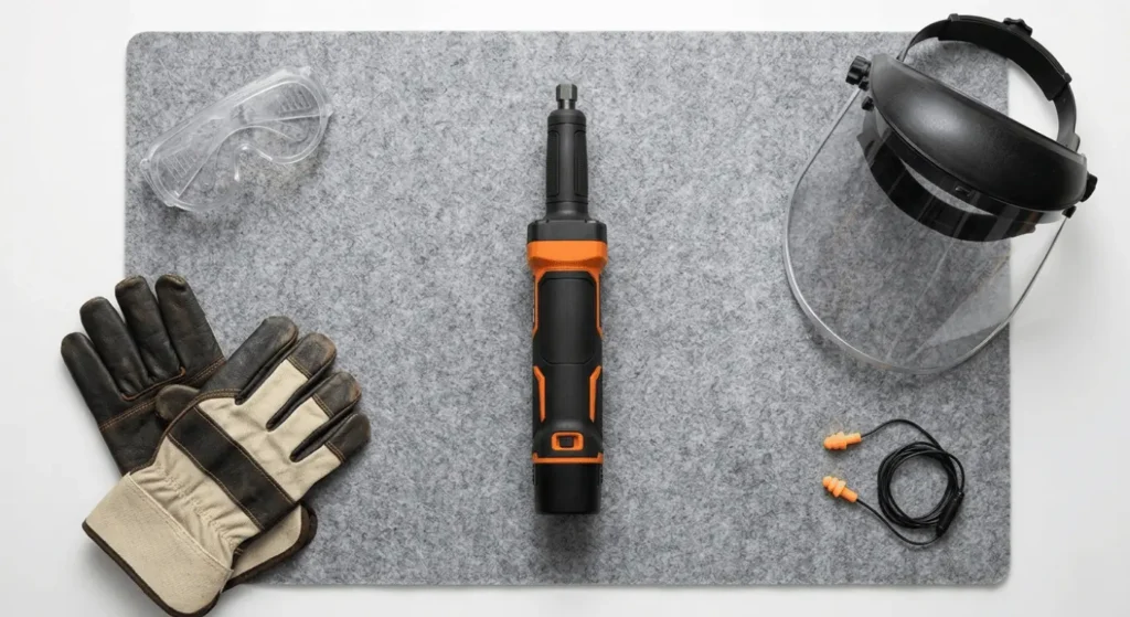 Cordless die grinder rotary tool and essential workshop safety equipment like leather gloves, goggles, face shield, and earplugs for DIY home improvement projects.