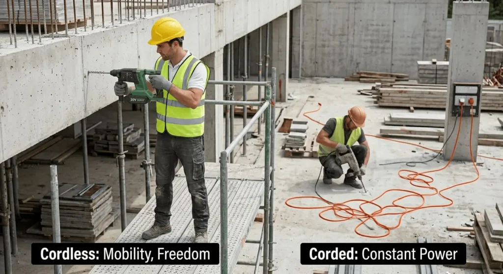 Comparison of cordless vs corded power tools on a construction site featuring a 20V cordless drill and a corded demolition hammer.

