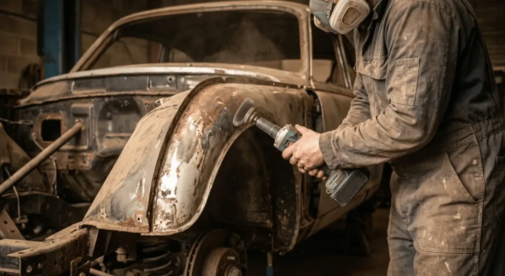 Classic car restoration process: mechanic using a power sander to remove rust from a vintage vehicle's body in an auto shop for the cordless die grinder​