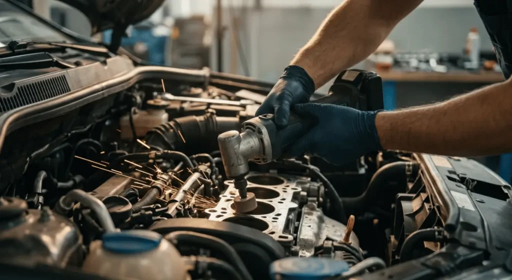 Professional auto mechanic repairing a car engine cylinder block with a power grinder in a vehicle service shop for cordless die grinder​