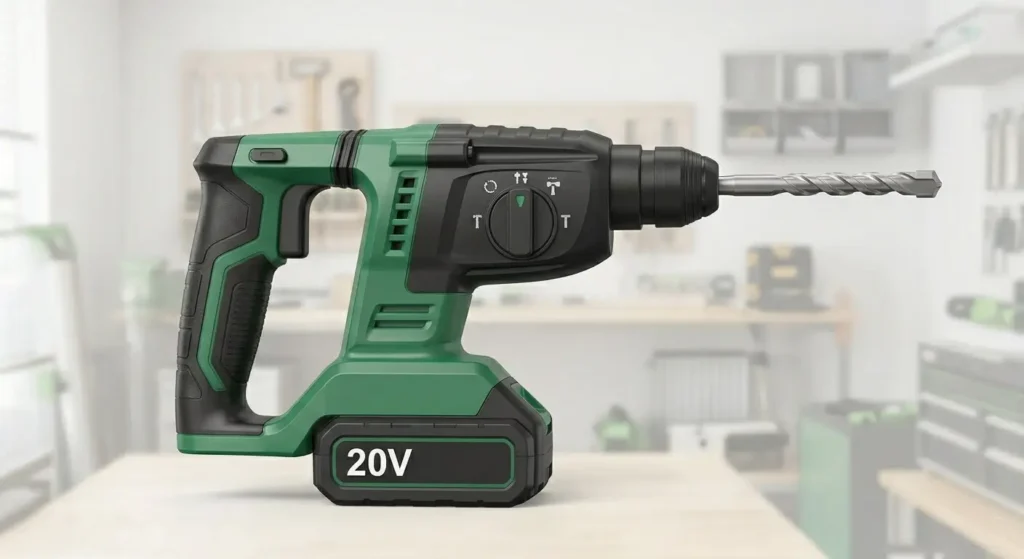 20V cordless rotary hammer drill for masonry and concrete, heavy-duty green power tool with 3-mode selector.