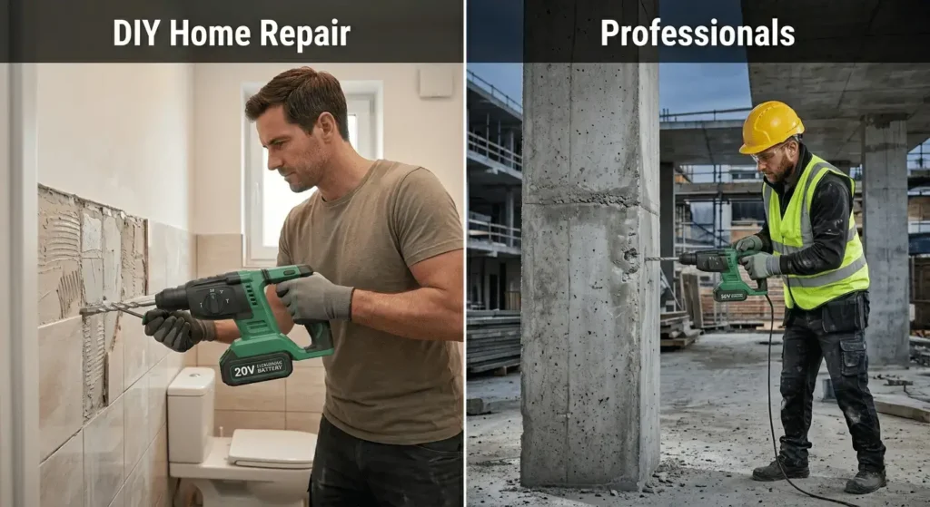 Comparison of DIY home repair versus professional construction using a 20V cordless rotary hammer drill for tile removal and concrete work.

